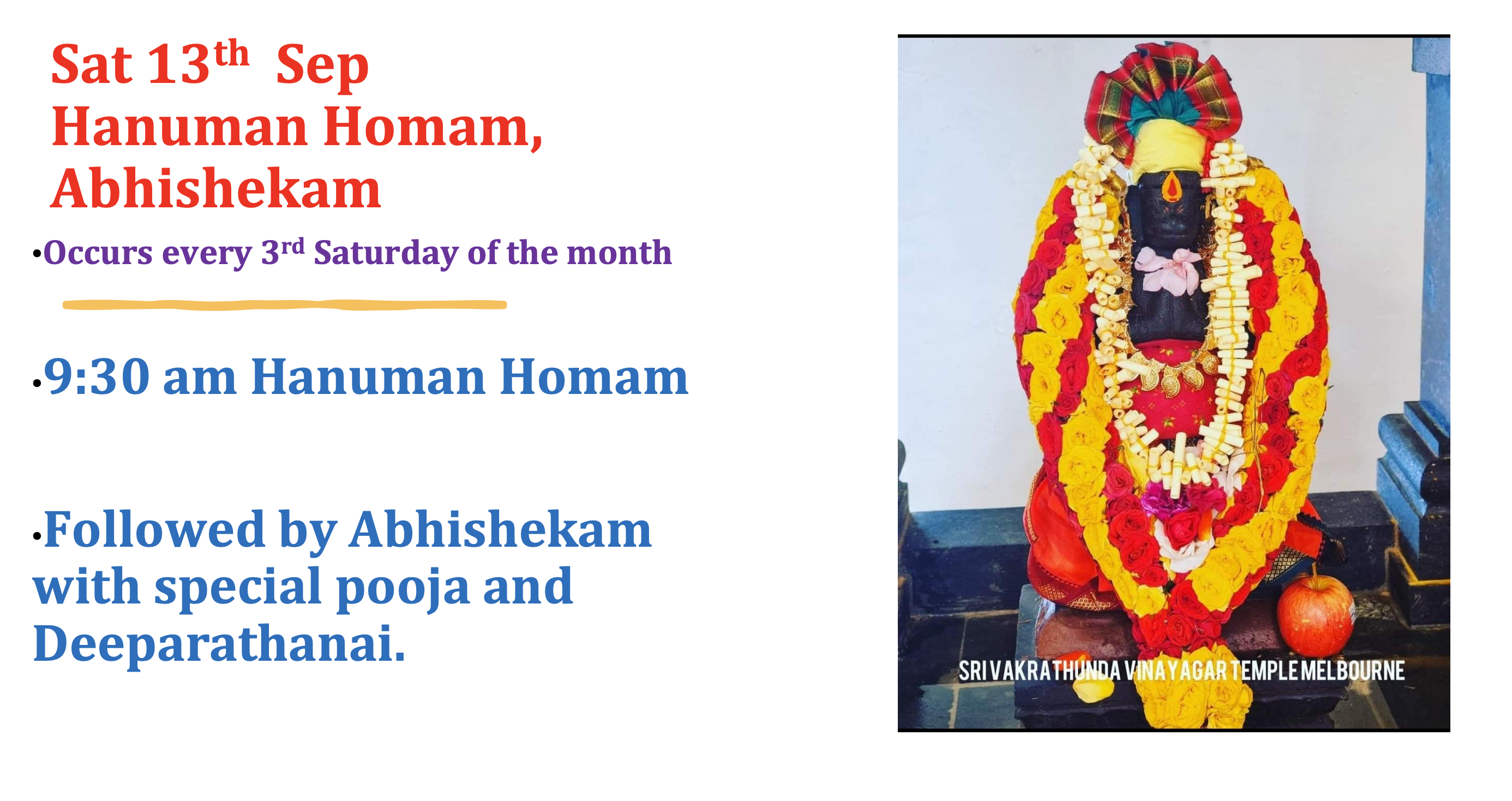 Sat 13th Sep – Hanuman Homam, Abhishekam